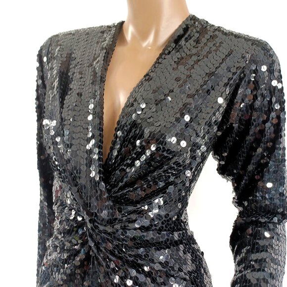 BLACK TIE? Oleg Cassini Twist Front LS V Neck All Sequin Sheath Party Dress 10 - Picture 3 of 7